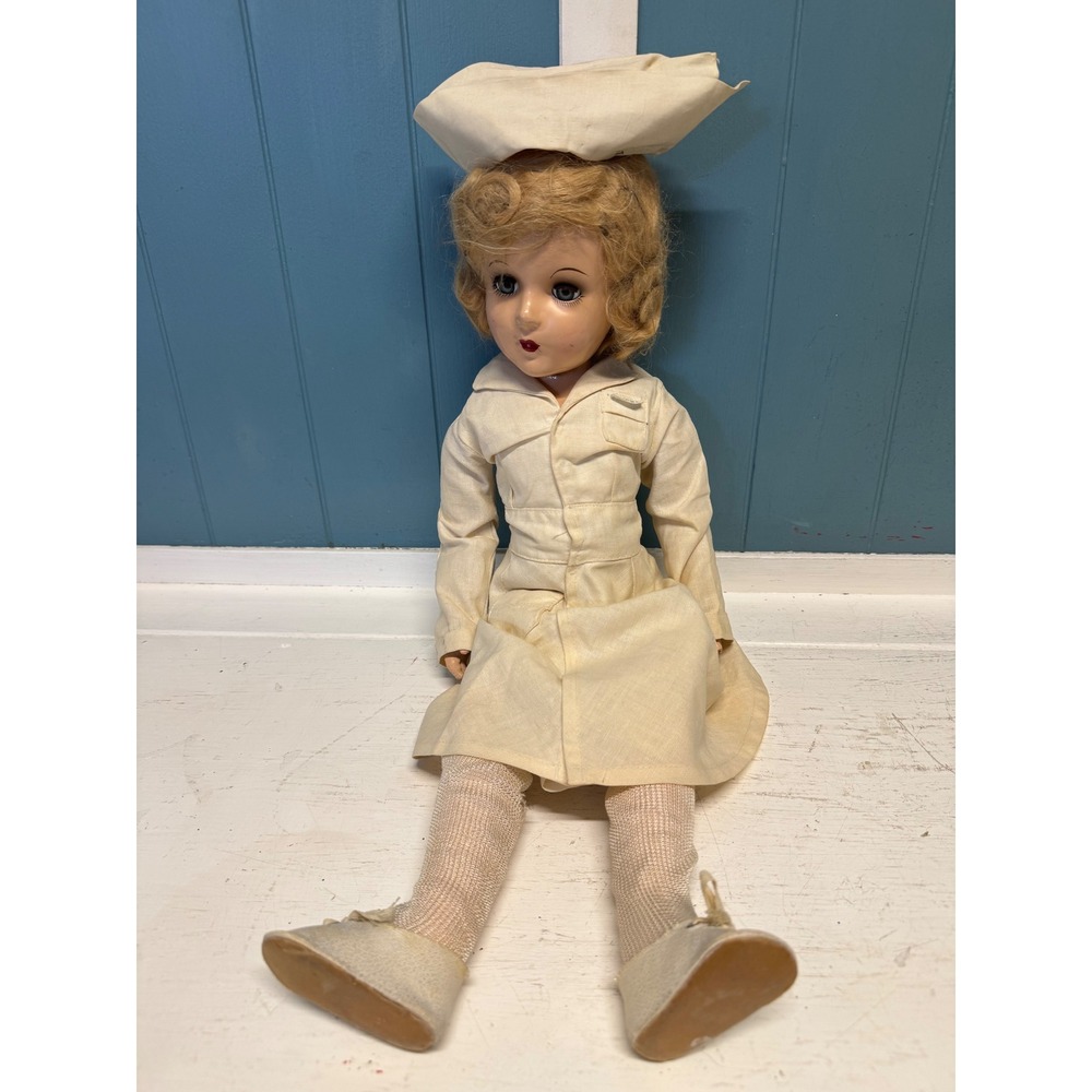 Vintage Composition Nurse Doll Sleep Eyes Fricke Name Tag Uniform 20 Inch